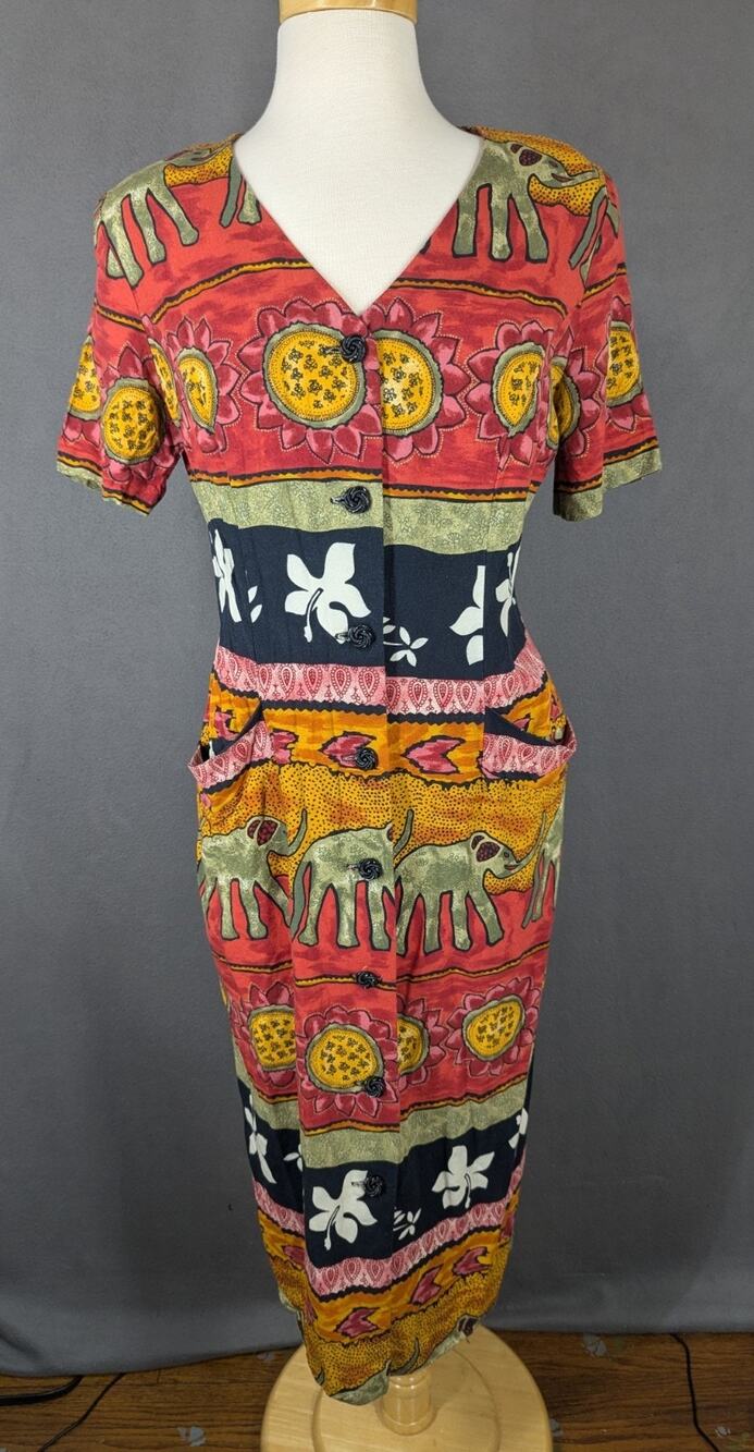 WNY Shirt Dress Size 12 Elephant Sunflower Print Button Up Vintage